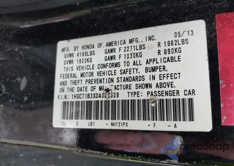 2013 Honda Accord Lx-S z USA, uszkodzony, nr VIN 1HGCT1B3XDA022509